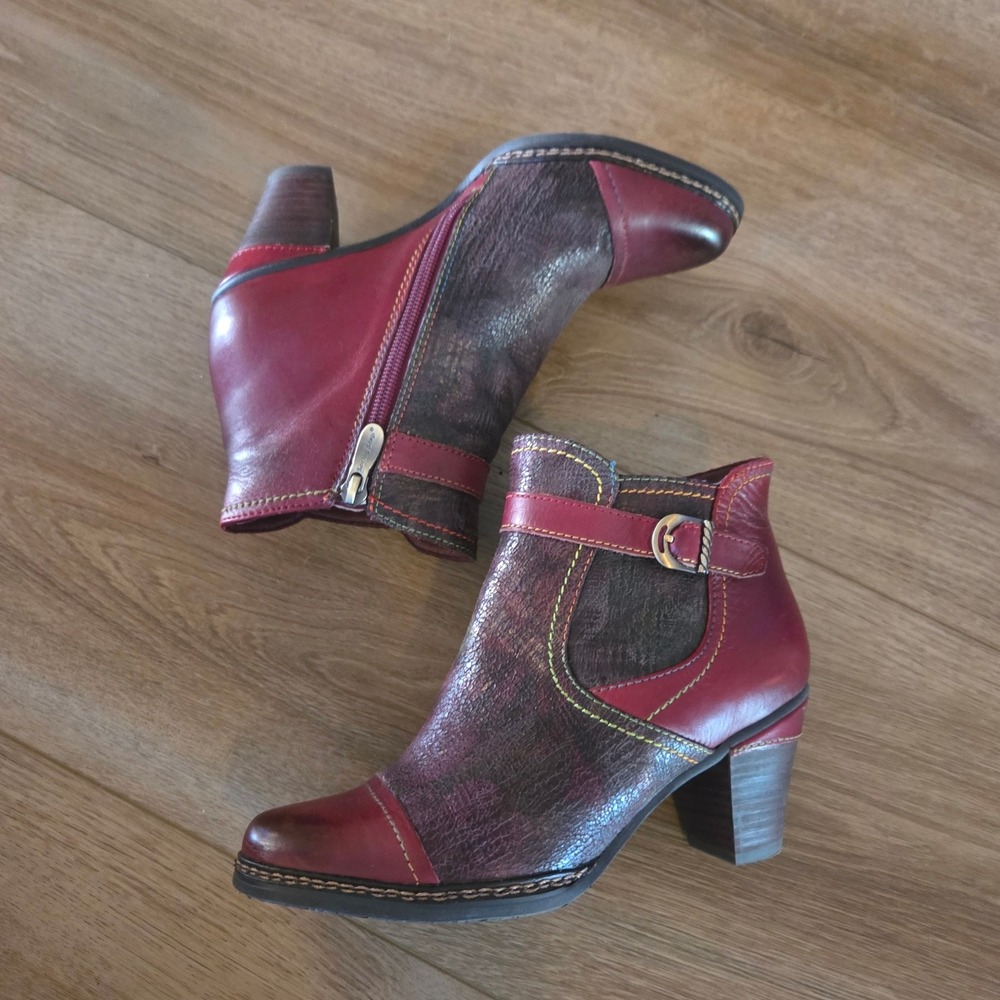 L Artiste Spring Step Women's Burgundy Leather Ankle Boots‎ Size 37 Wedge Heel